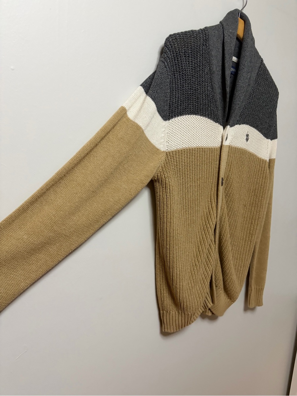 U.S. Polo Assn. Men's Colorblock Shawl Collar Cardigan Sweater Khaki Gray Small - Picture 4 of 13
